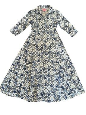 Isaac Mizrahi Nautical Fish Patterned Blue Linen Collared Button Up Maxi Dress
